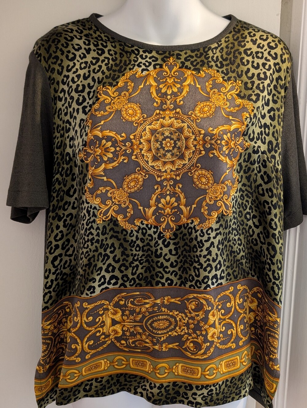 Vintage Agora Olive Green Leopard Baroque Print Top with Gold Medallions. Large